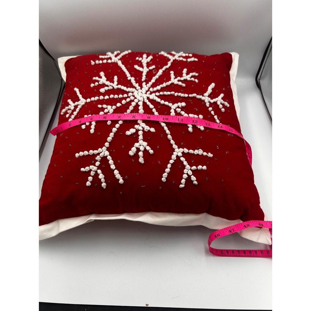 Red Velvet Snowflake Throw Pillow White Embroidered Beaded Holiday Decor 16x16